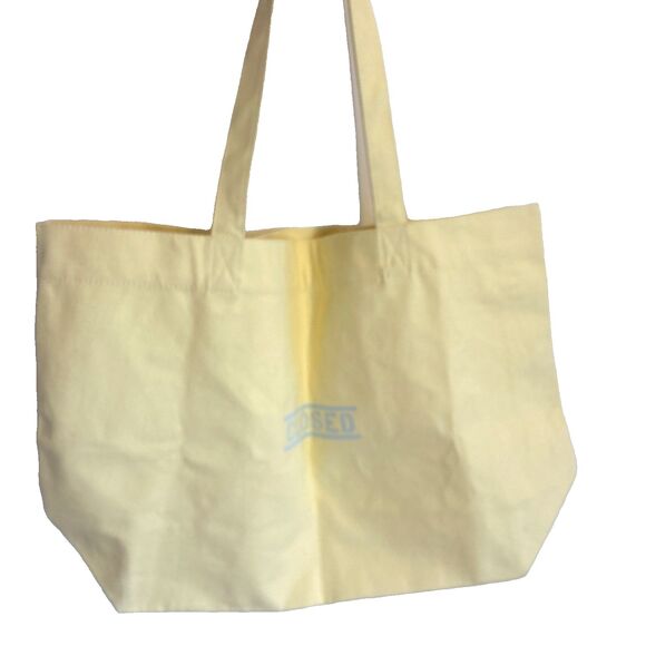CLOSED Large Canvas Tote Yellow w/Blue Print 23x 14 1/2 x7 1/2 Inside Zip Pocket - Picture 1 of 4